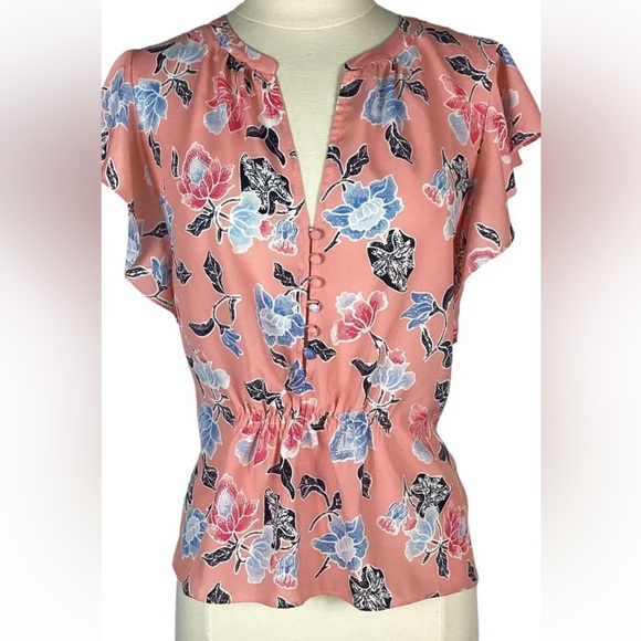 Joie Crisbell Flutter Sleeve Button Front Floral Blouse Persimmon Peach, Small - Picture 3 of 8